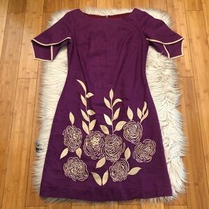 Floral Roses Embroidered 100% Linen Tulip Sleeve Purple Sheath Dress size S NWOT